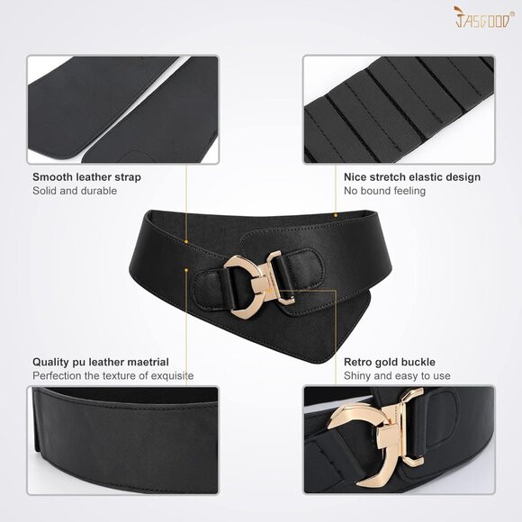 Women's Wide Elastic Stretch Waist Belt Adjustable Dress Belt Matte Black Gold - Picture 3 of 7